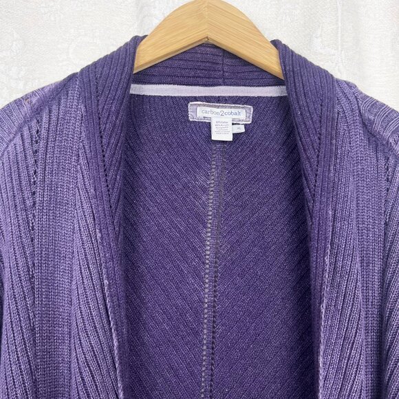 Carbon2Cobalt open lightweight knit ribbed cardigan sweater purple cotton blend - Picture 2 of 7